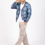 LNP BLUE KNIT JAPANESE TEXT CARDIGAN - Liquor n Poker