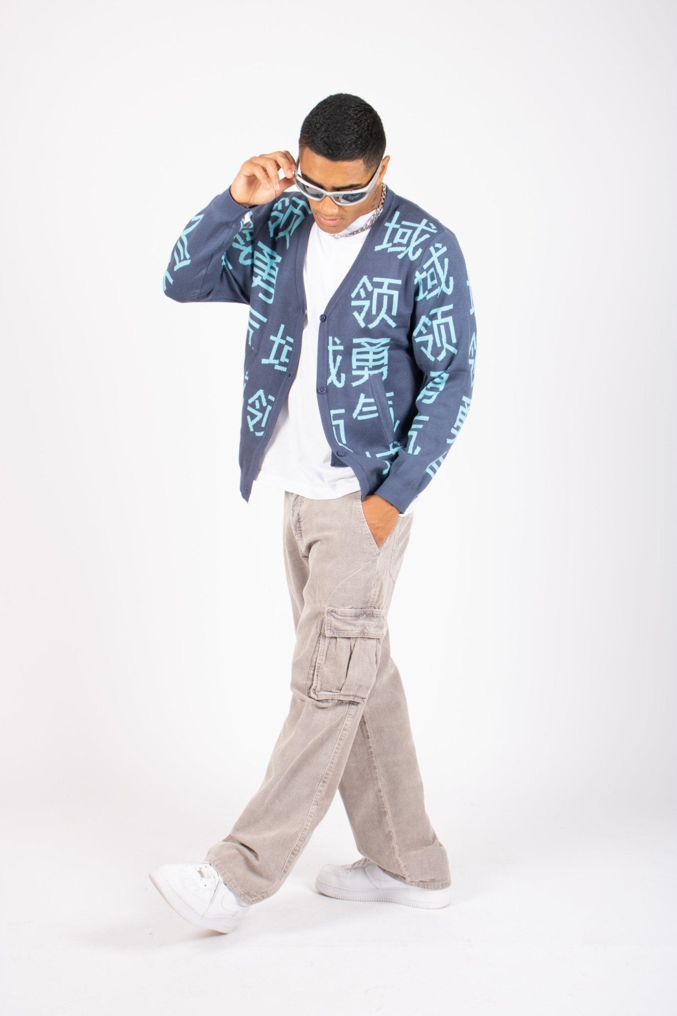 LNP BLUE KNIT JAPANESE TEXT CARDIGAN - Liquor n Poker