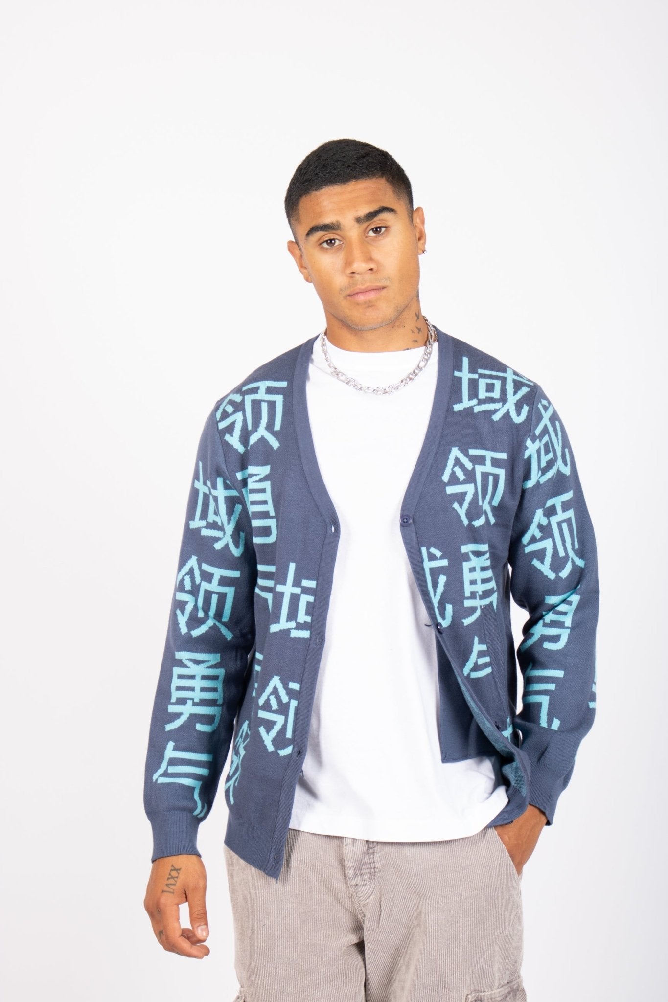 LNP BLUE KNIT JAPANESE TEXT CARDIGAN - Liquor n Poker