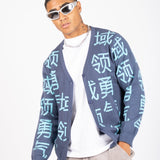 LNP BLUE KNIT JAPANESE TEXT CARDIGAN - Liquor n Poker