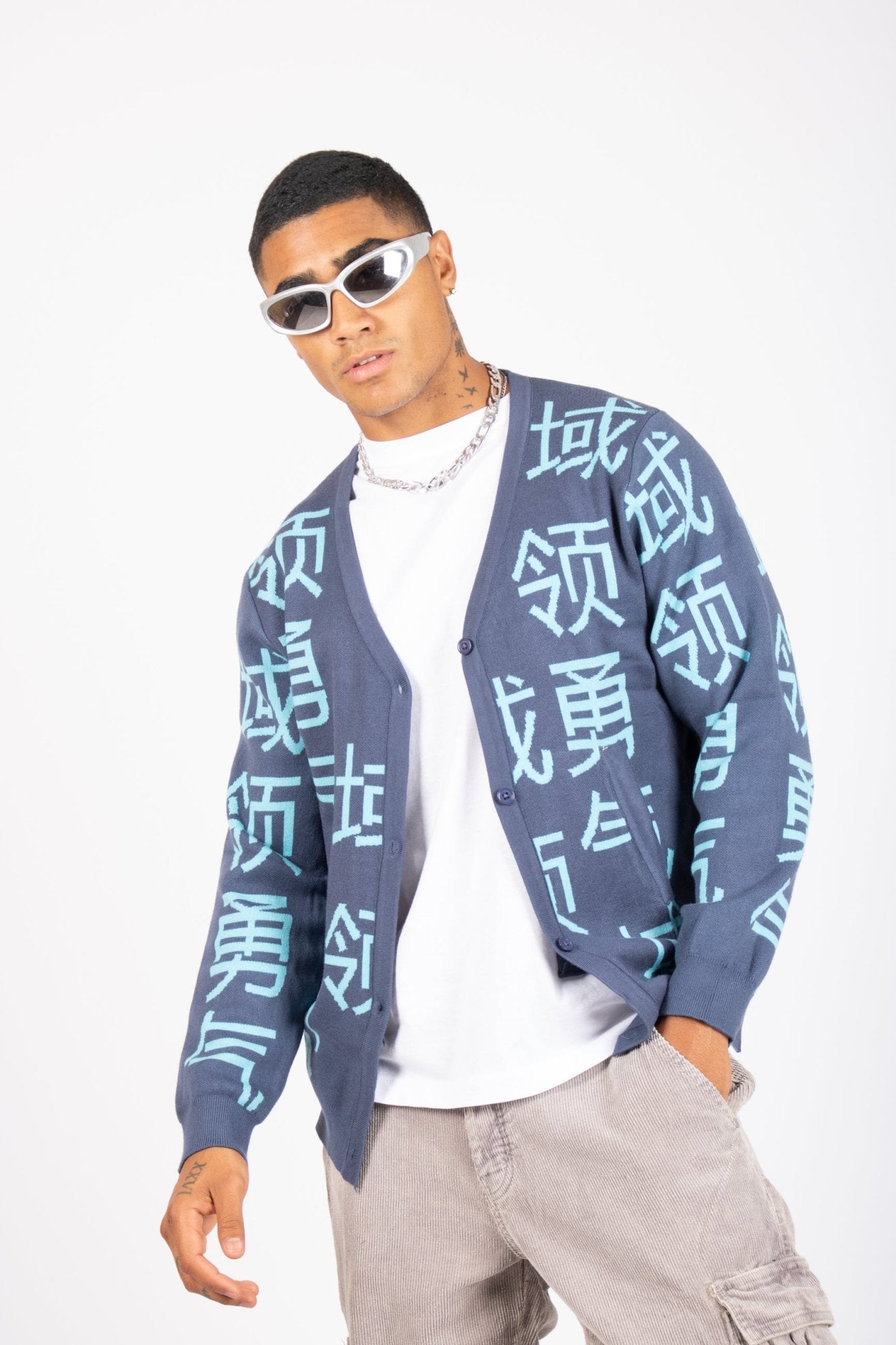 LNP BLUE KNIT JAPANESE TEXT CARDIGAN - Liquor n Poker