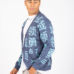 LNP BLUE KNIT JAPANESE TEXT CARDIGAN - Liquor n Poker