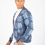 LNP BLUE KNIT JAPANESE TEXT CARDIGAN - Liquor n Poker