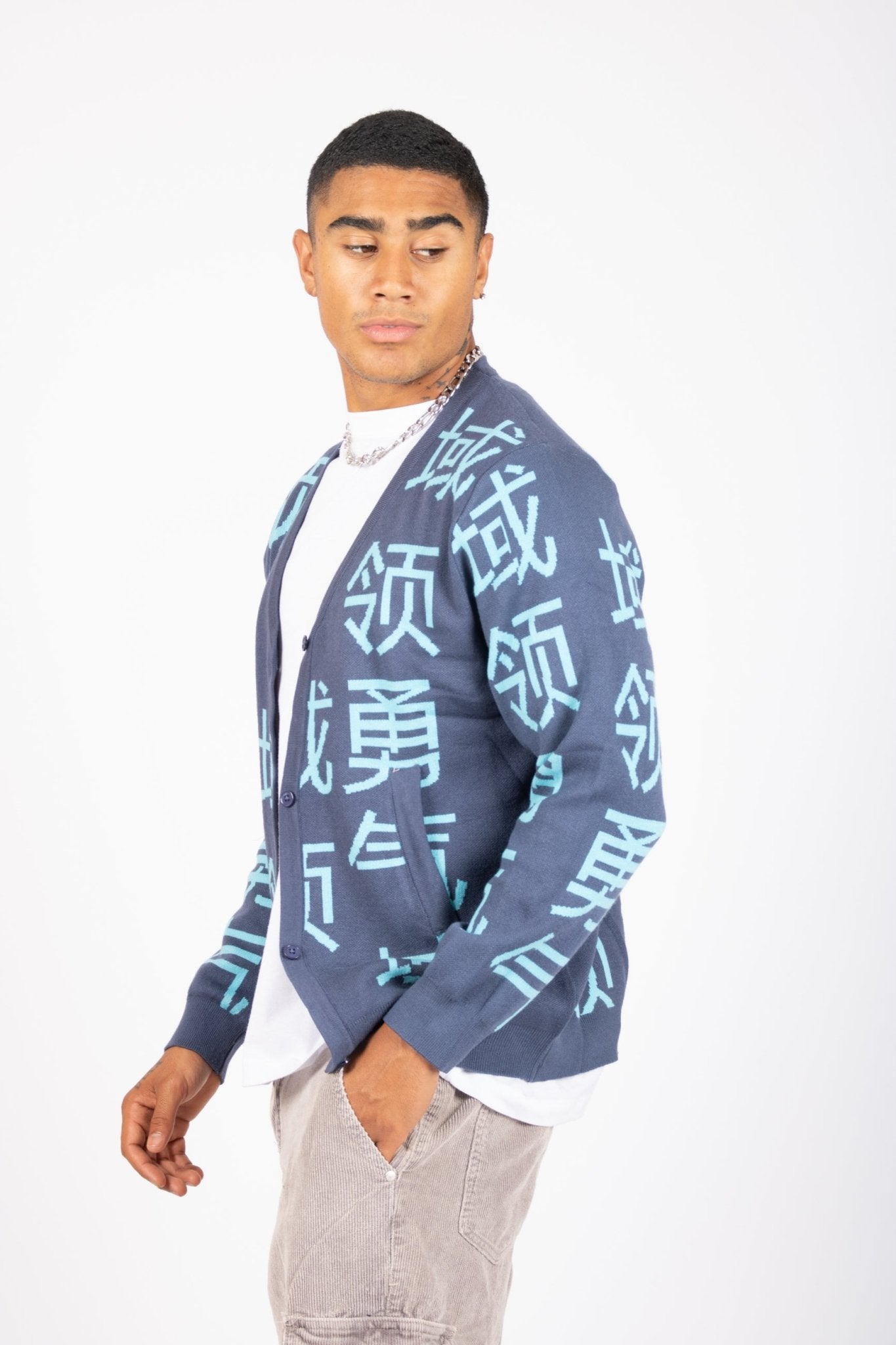 LNP BLUE KNIT JAPANESE TEXT CARDIGAN - Liquor n Poker