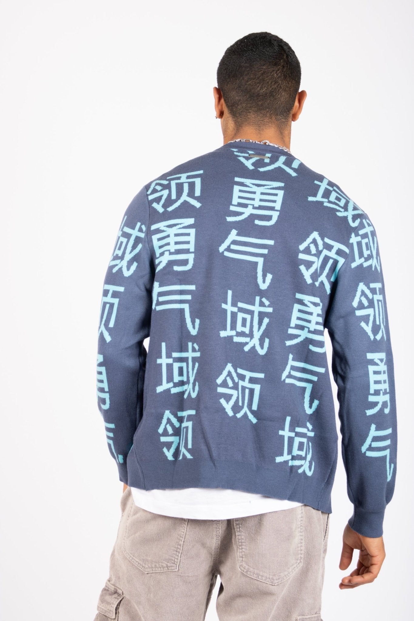 LNP BLUE KNIT JAPANESE TEXT CARDIGAN - Liquor n Poker