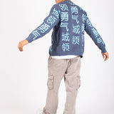 LNP BLUE KNIT JAPANESE TEXT CARDIGAN - Liquor n Poker