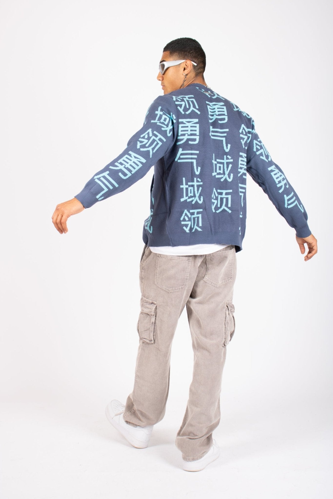 LNP BLUE KNIT JAPANESE TEXT CARDIGAN - Liquor n Poker