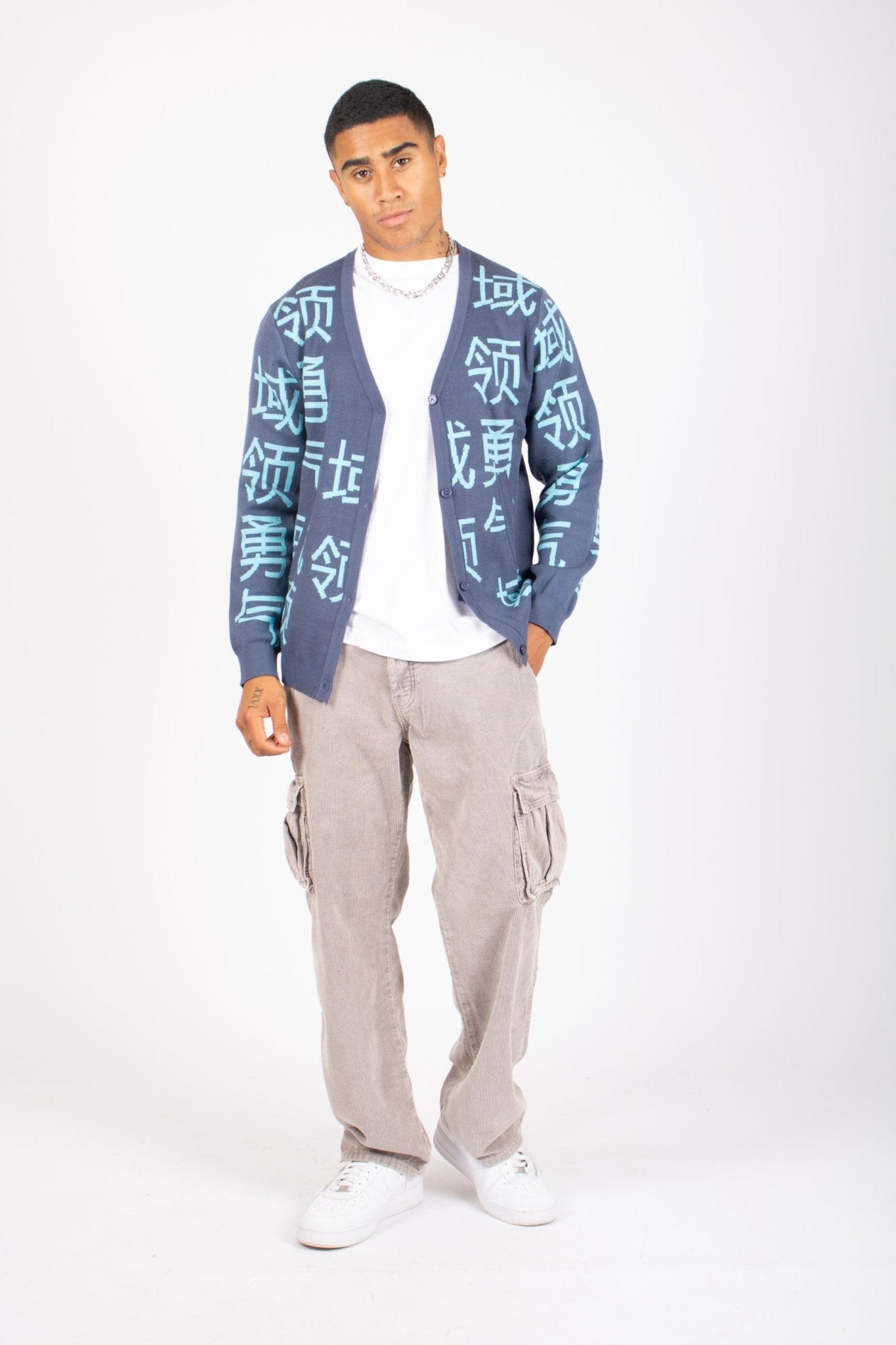 LNP BLUE KNIT JAPANESE TEXT CARDIGAN - Liquor n Poker