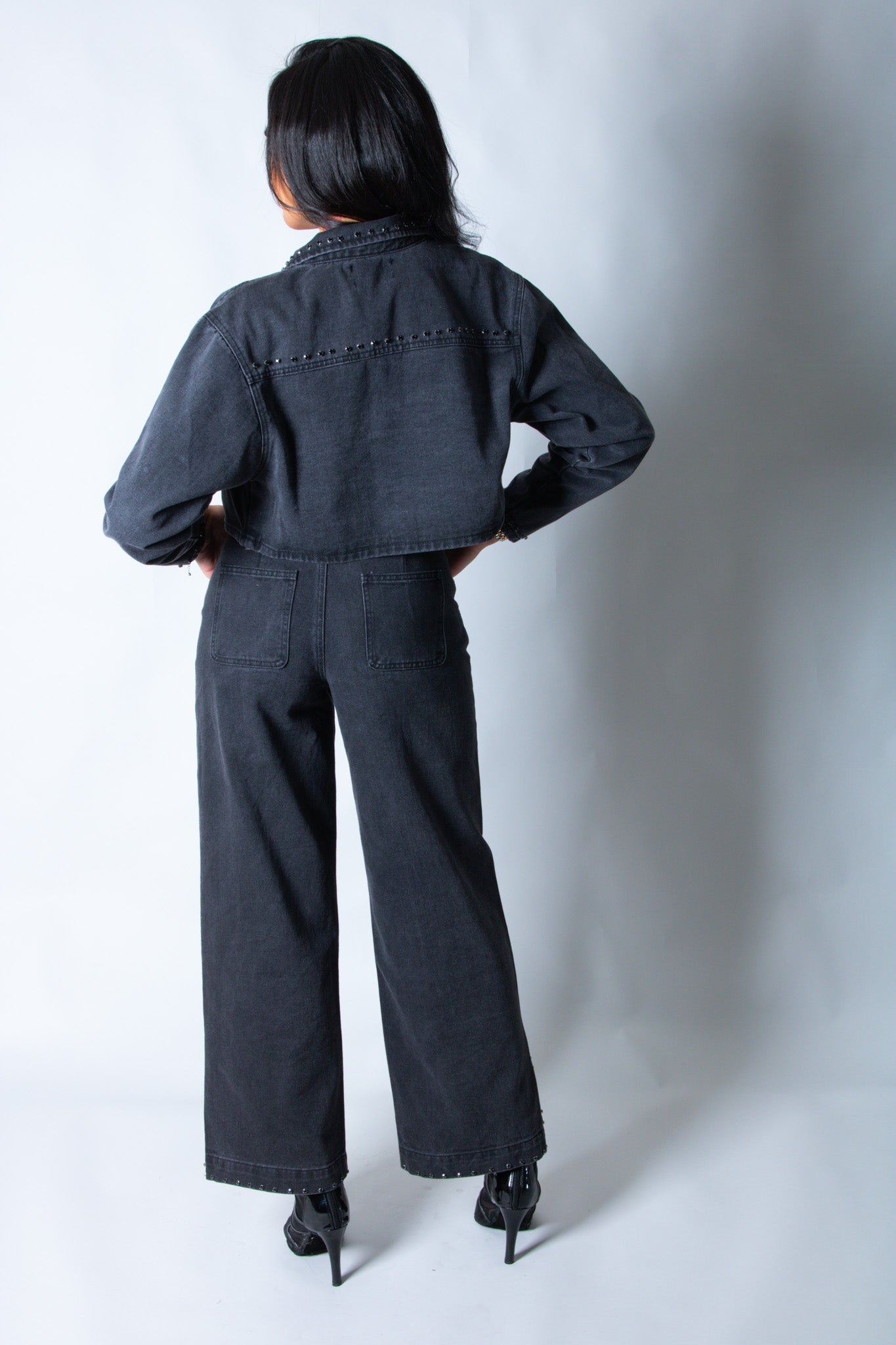 LNP boxy denim jacket with diamante seam detail in washed black - Liquor n Poker