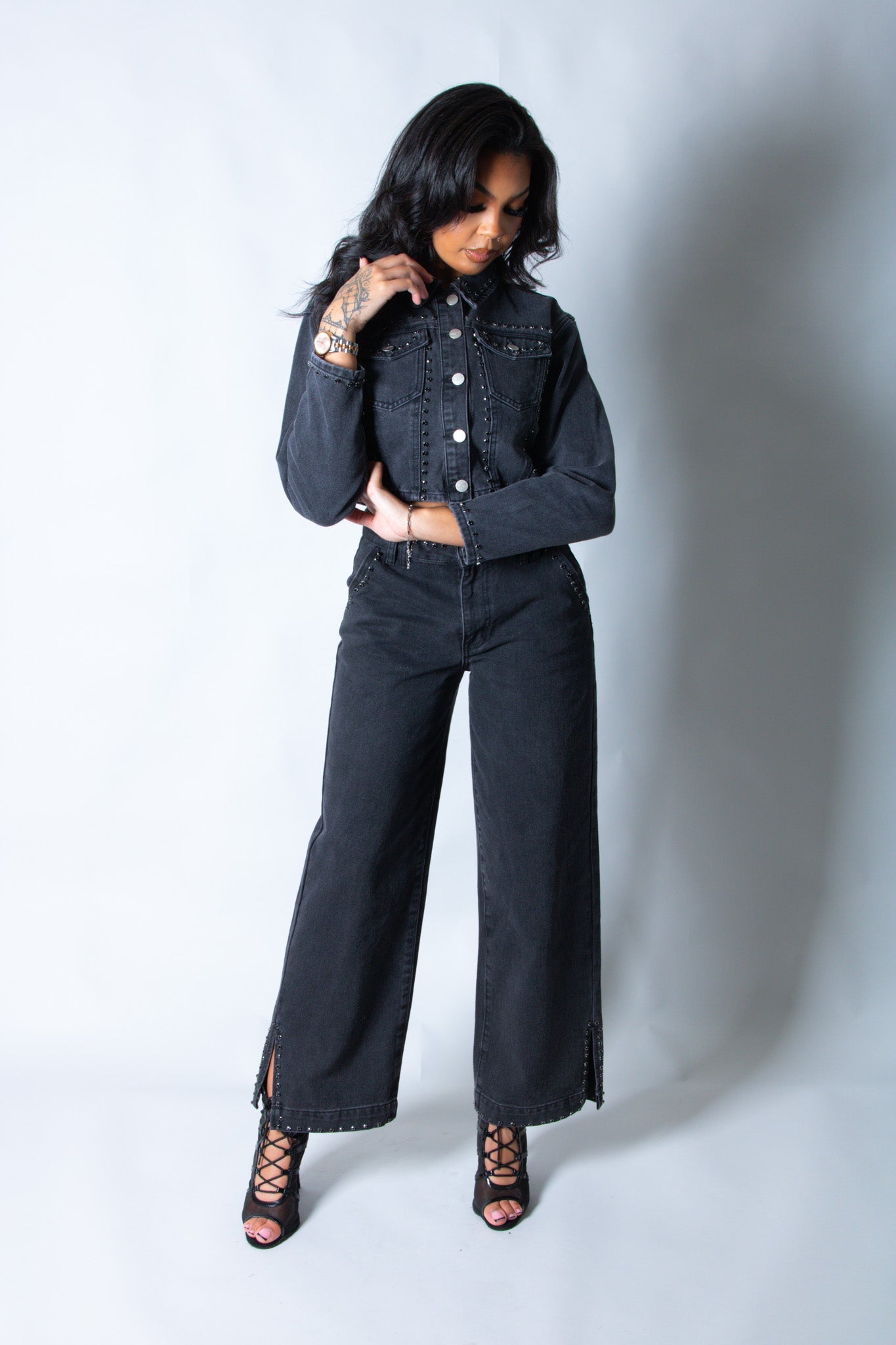 LNP boxy denim jacket with diamante seam detail in washed black - Liquor n Poker