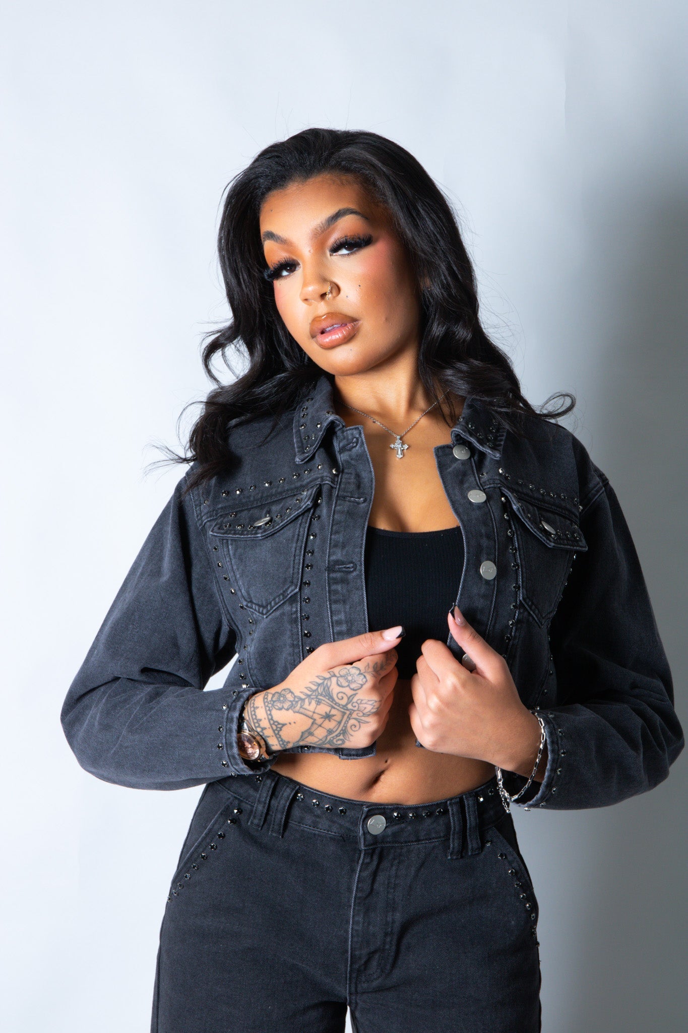 LNP boxy denim jacket with diamante seam detail in washed black - Liquor n Poker