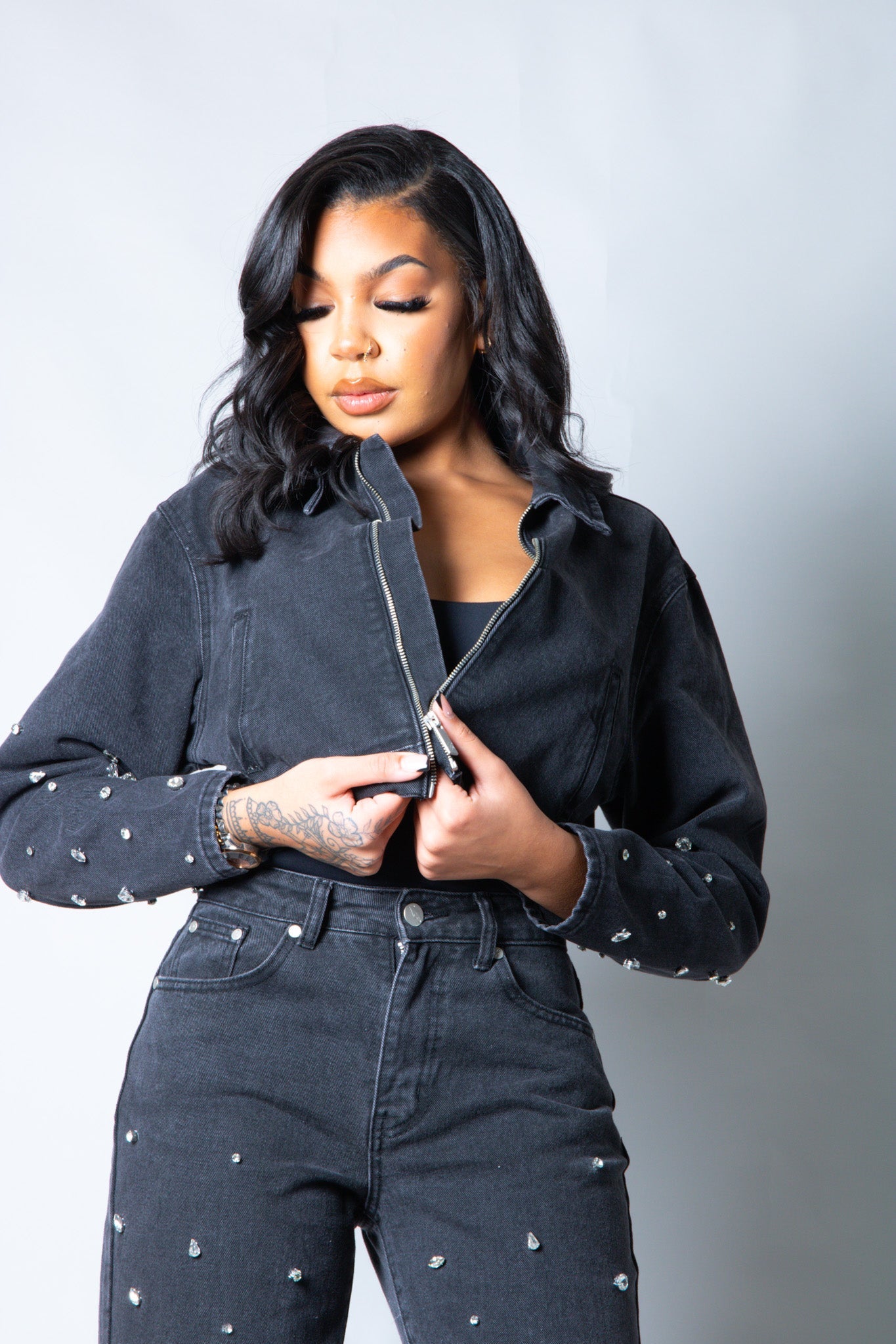 LNP boxy embellished denim jacket in black - Liquor n Poker