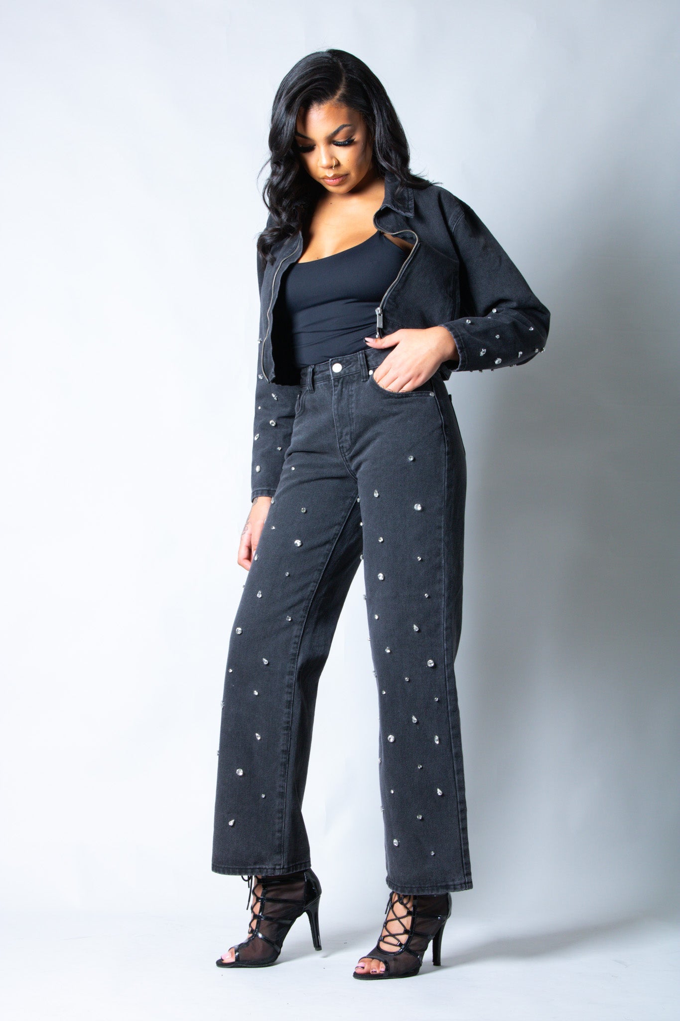 LNP boxy embellished denim jacket in black - Liquor n Poker