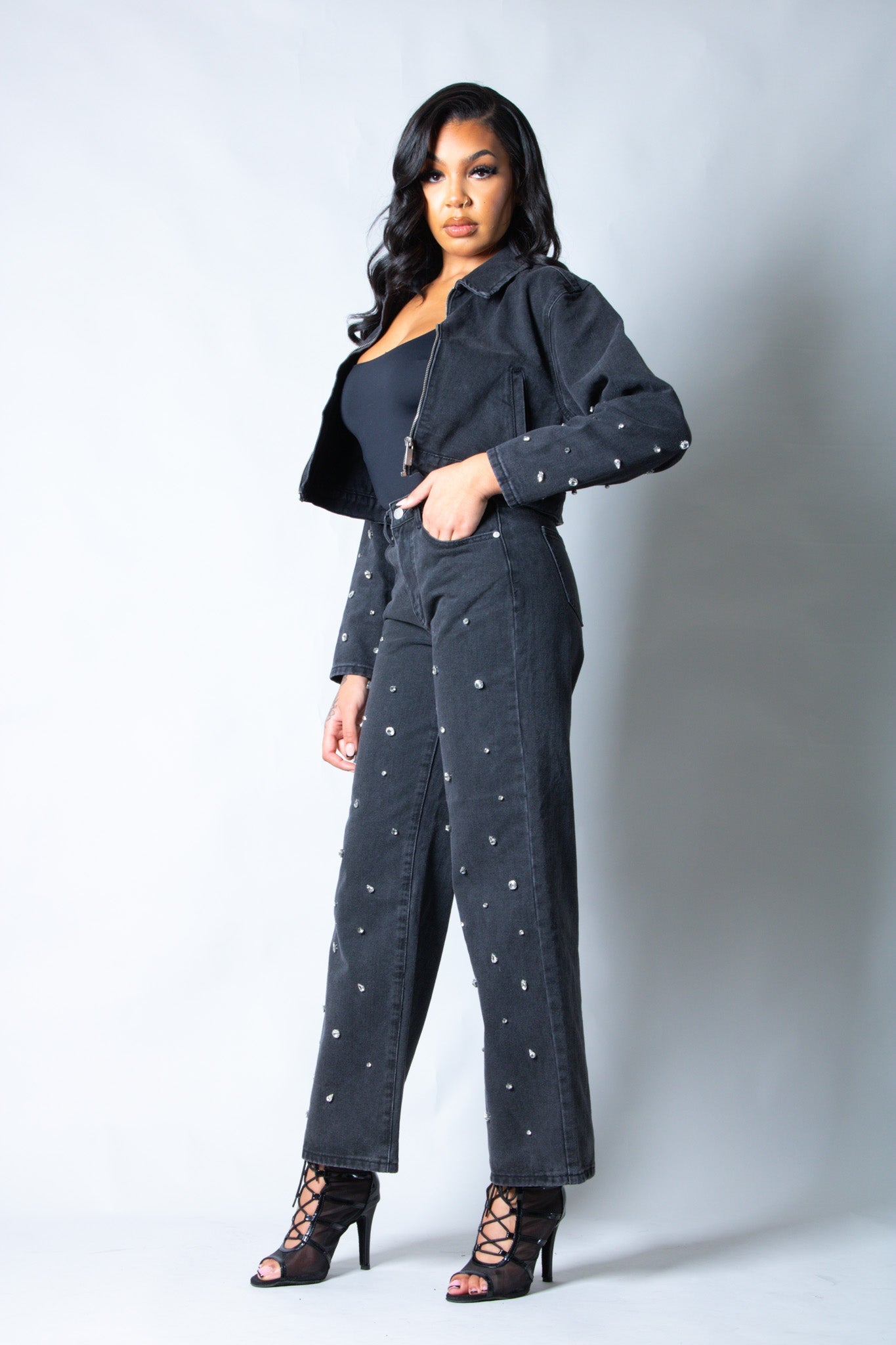 LNP boxy embellished denim jacket in black - Liquor n Poker