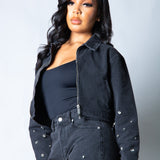 LNP boxy embellished denim jacket in black - Liquor n Poker