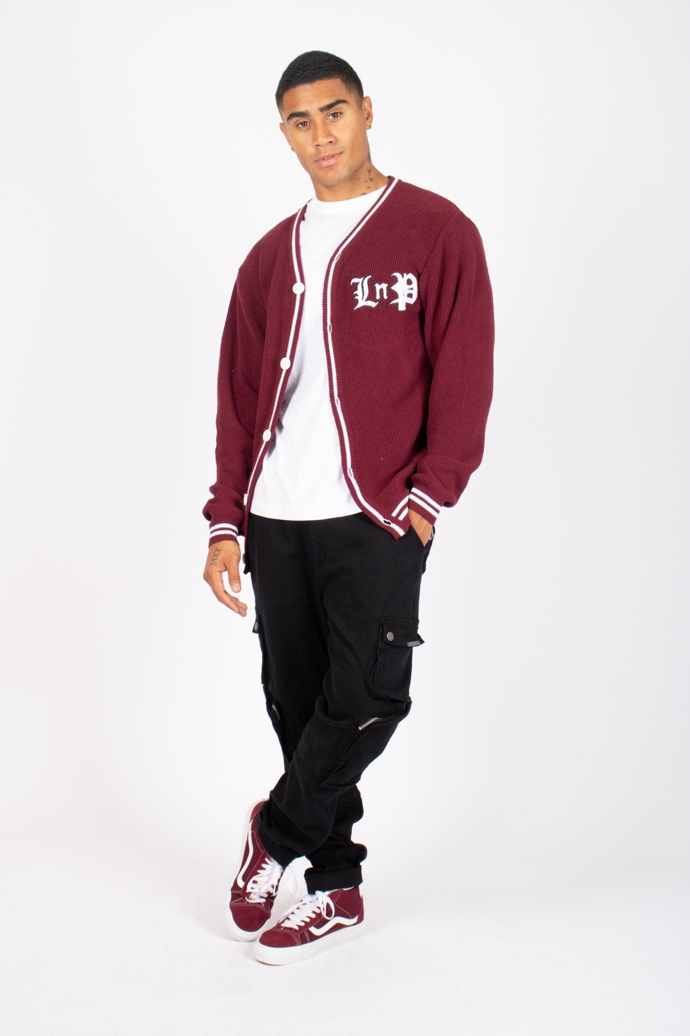 LNP BURGUNDY VARSITY KNIT CARDIGAN - Liquor n Poker