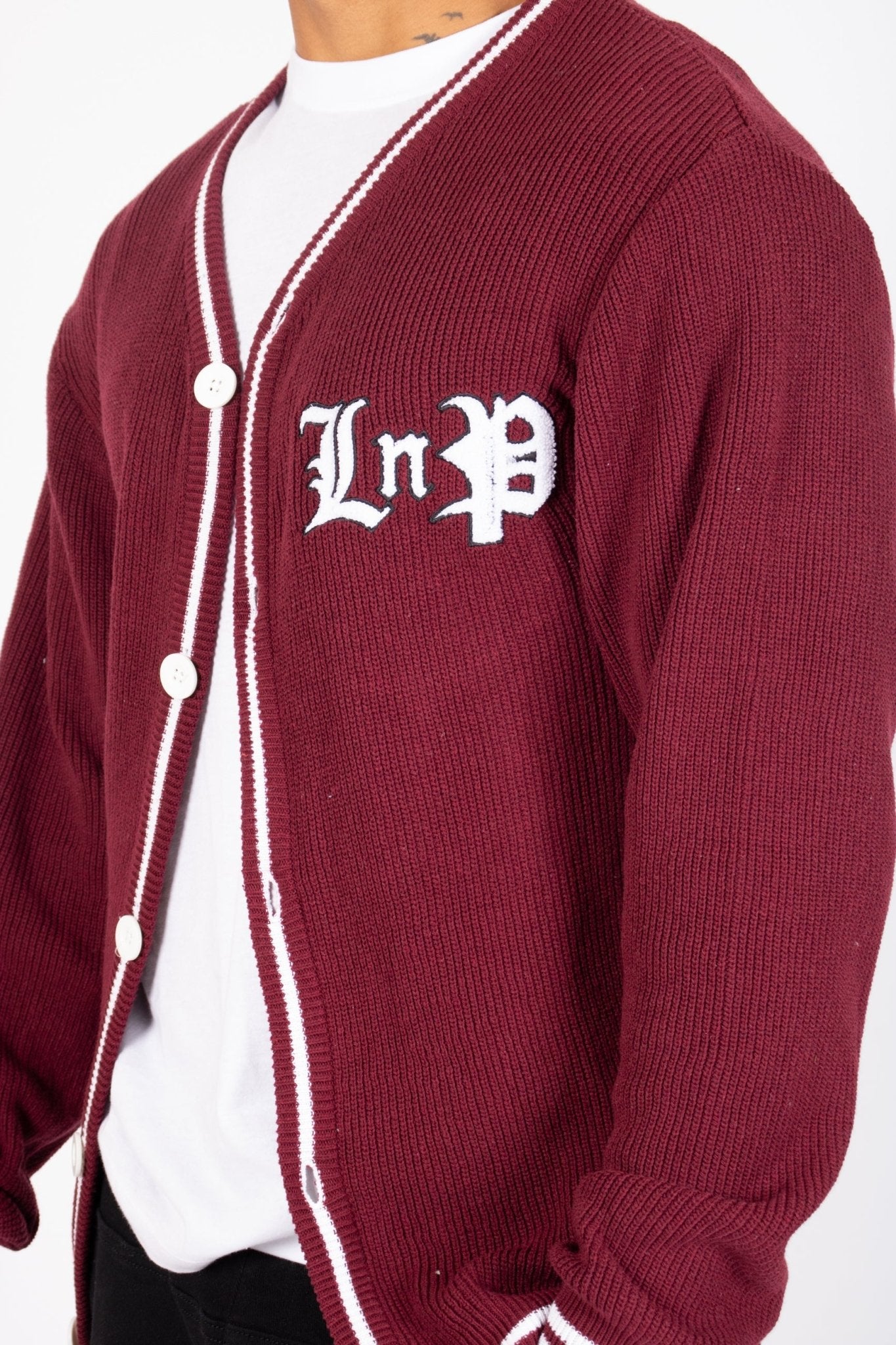 LNP BURGUNDY VARSITY KNIT CARDIGAN - Liquor n Poker