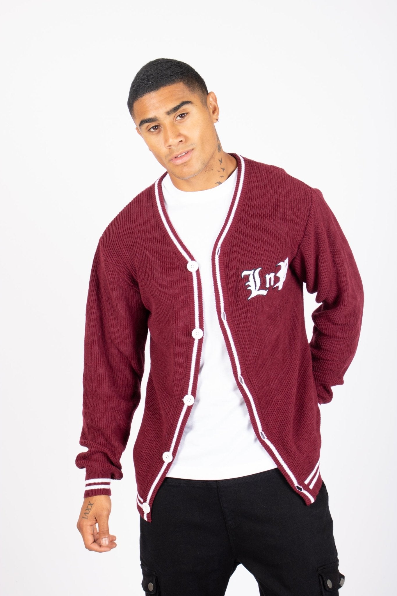 LNP BURGUNDY VARSITY KNIT CARDIGAN - Liquor n Poker