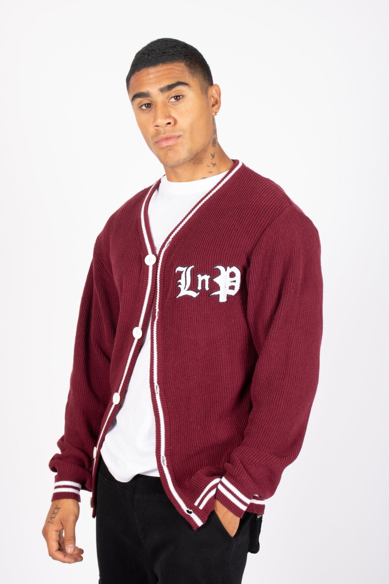 LNP BURGUNDY VARSITY KNIT CARDIGAN - Liquor n Poker