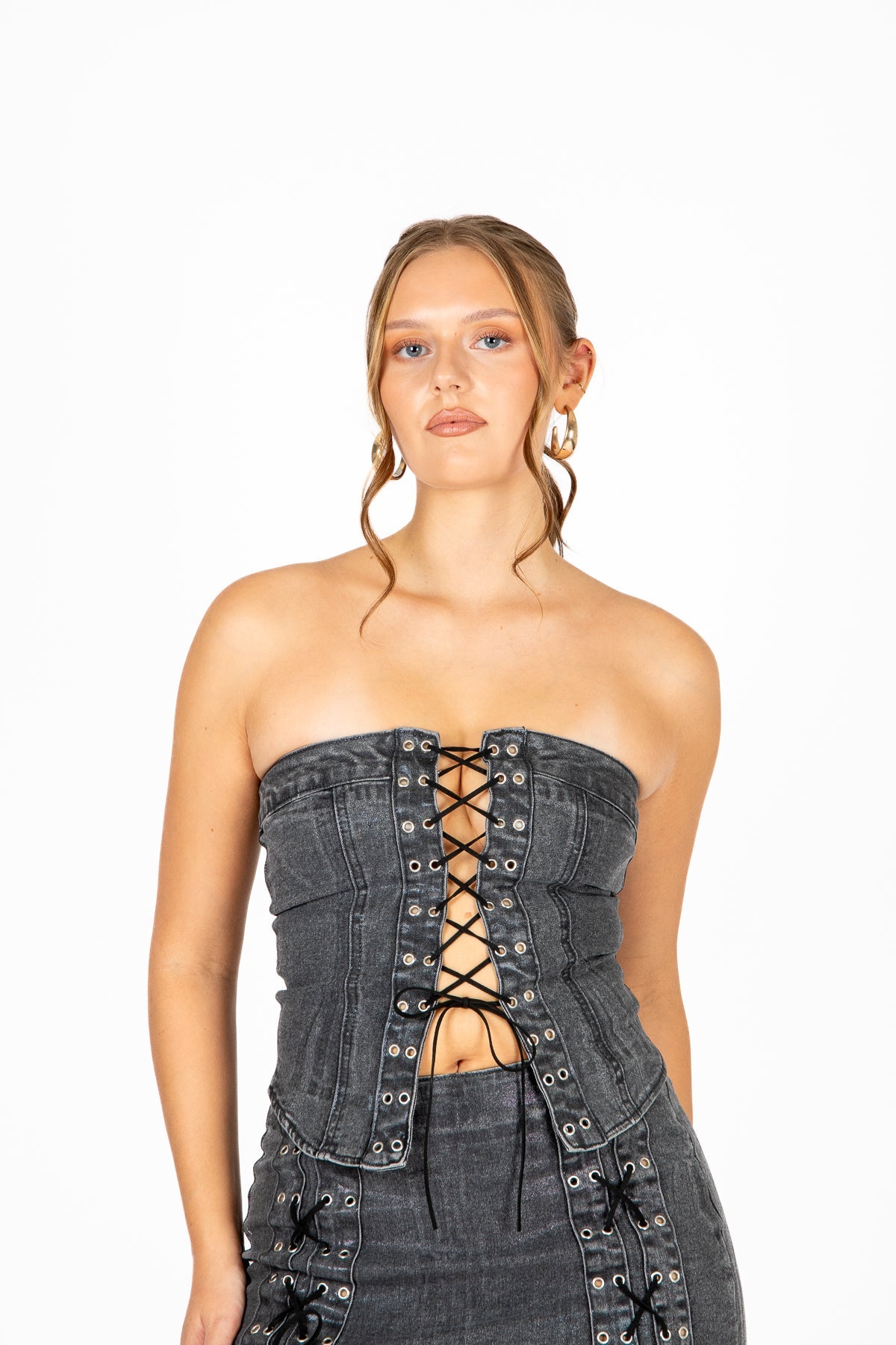 LNP Charcoal PU Lace - Up Bandeau Corset - Liquor n Poker