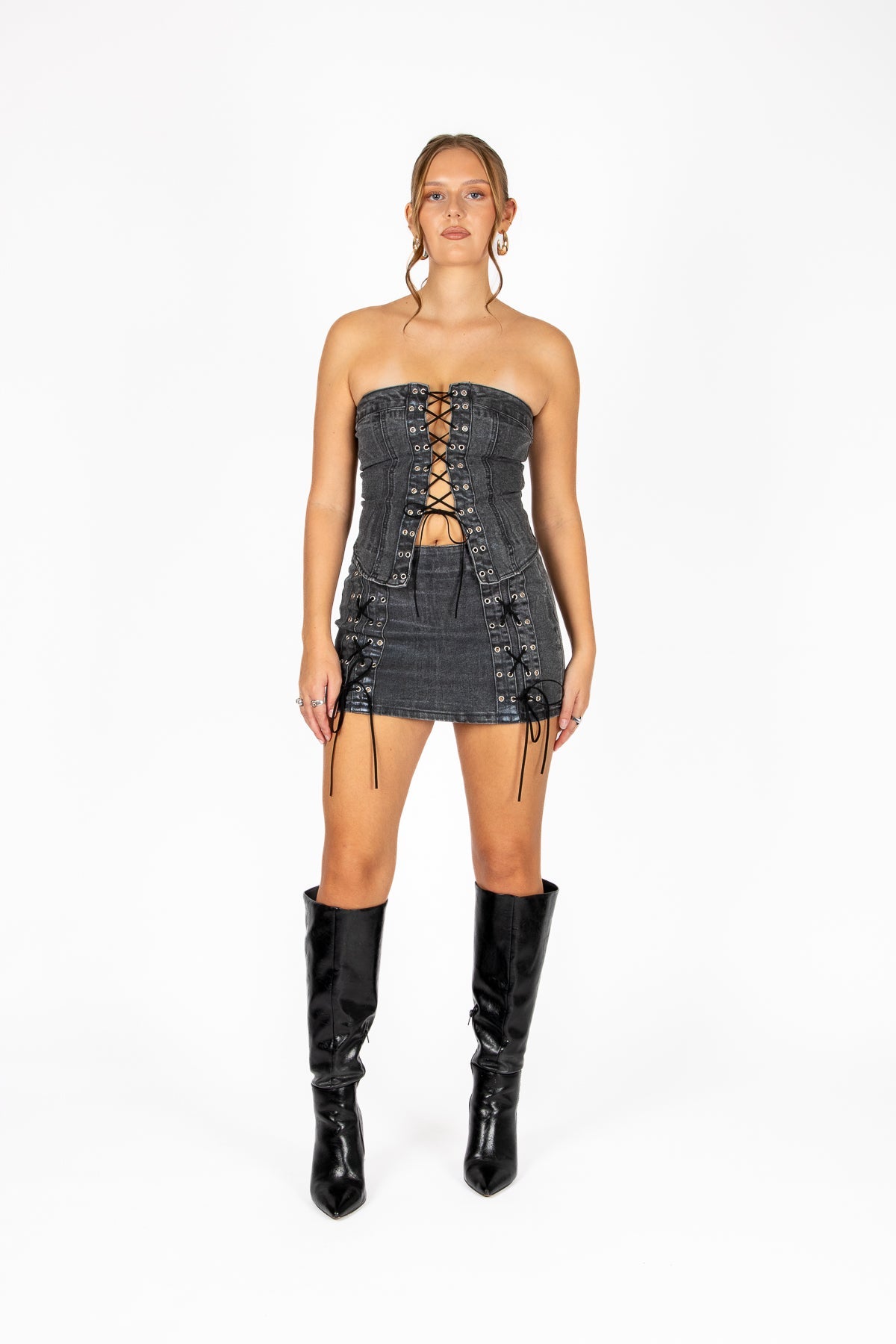 LNP Charcoal PU Lace - Up Mini Skirt - Liquor n Poker