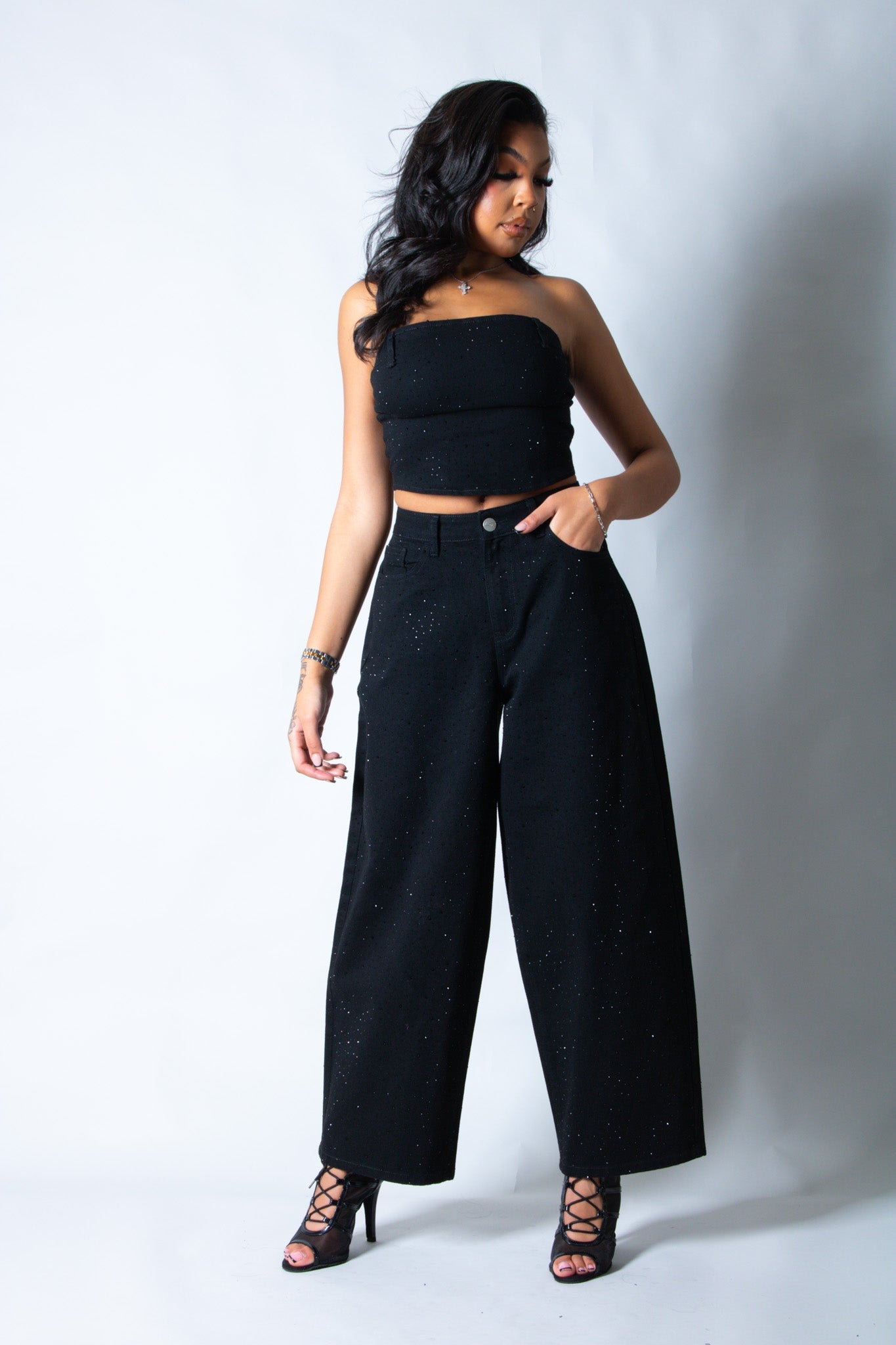 LNP denim embellished corset top in black - Liquor n Poker