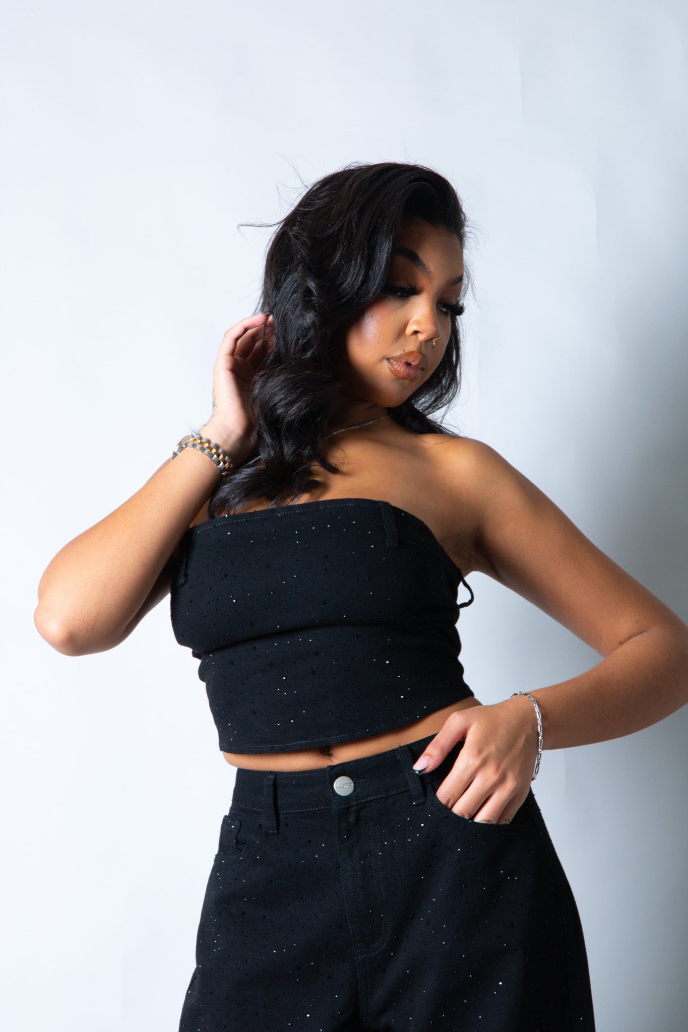 LNP denim embellished corset top in black - Liquor n Poker