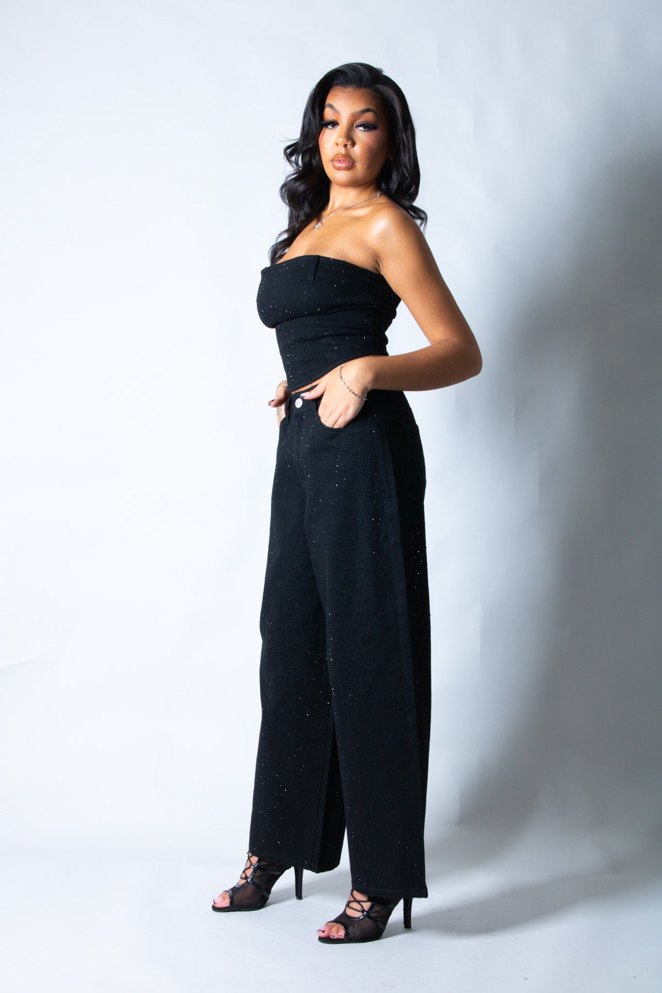 LNP denim embellished corset top in black - Liquor n Poker