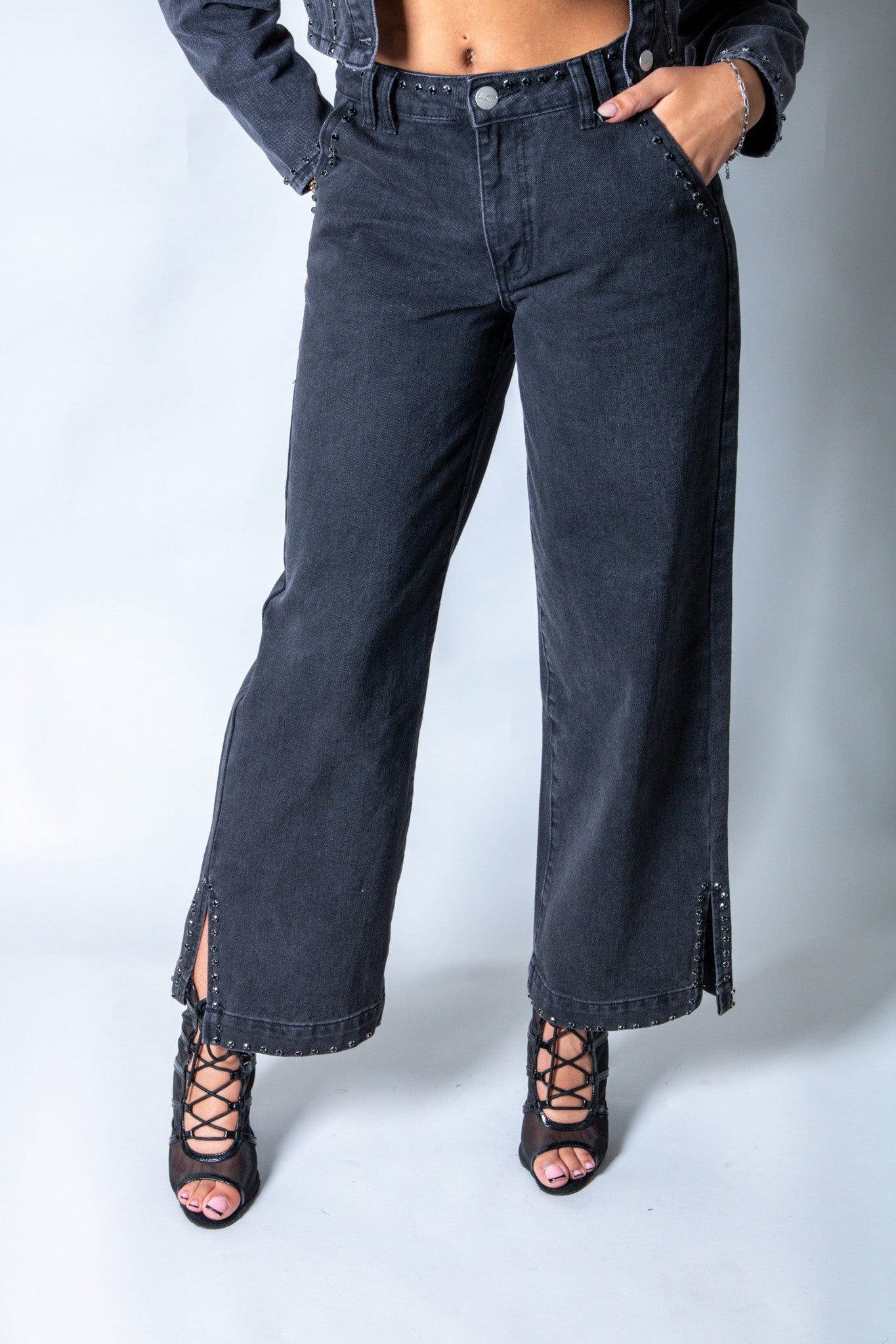 LNP mid rise straight jean with diamante seam detail in washed black - Liquor n Poker