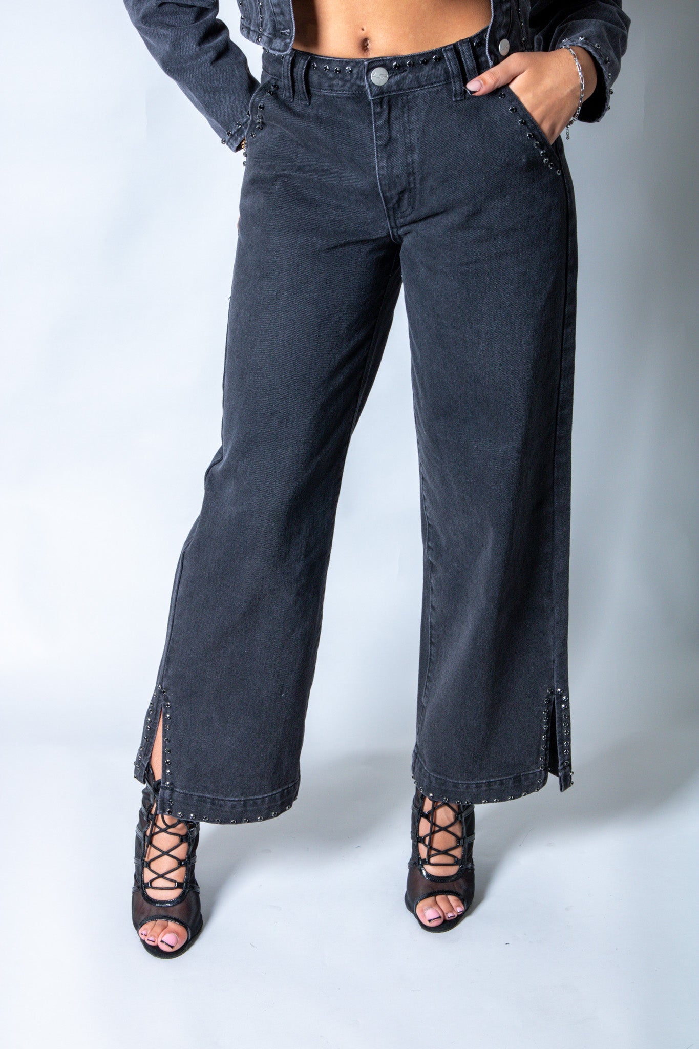 LNP mid rise straight jean with diamante seam detail in washed black - Liquor n Poker