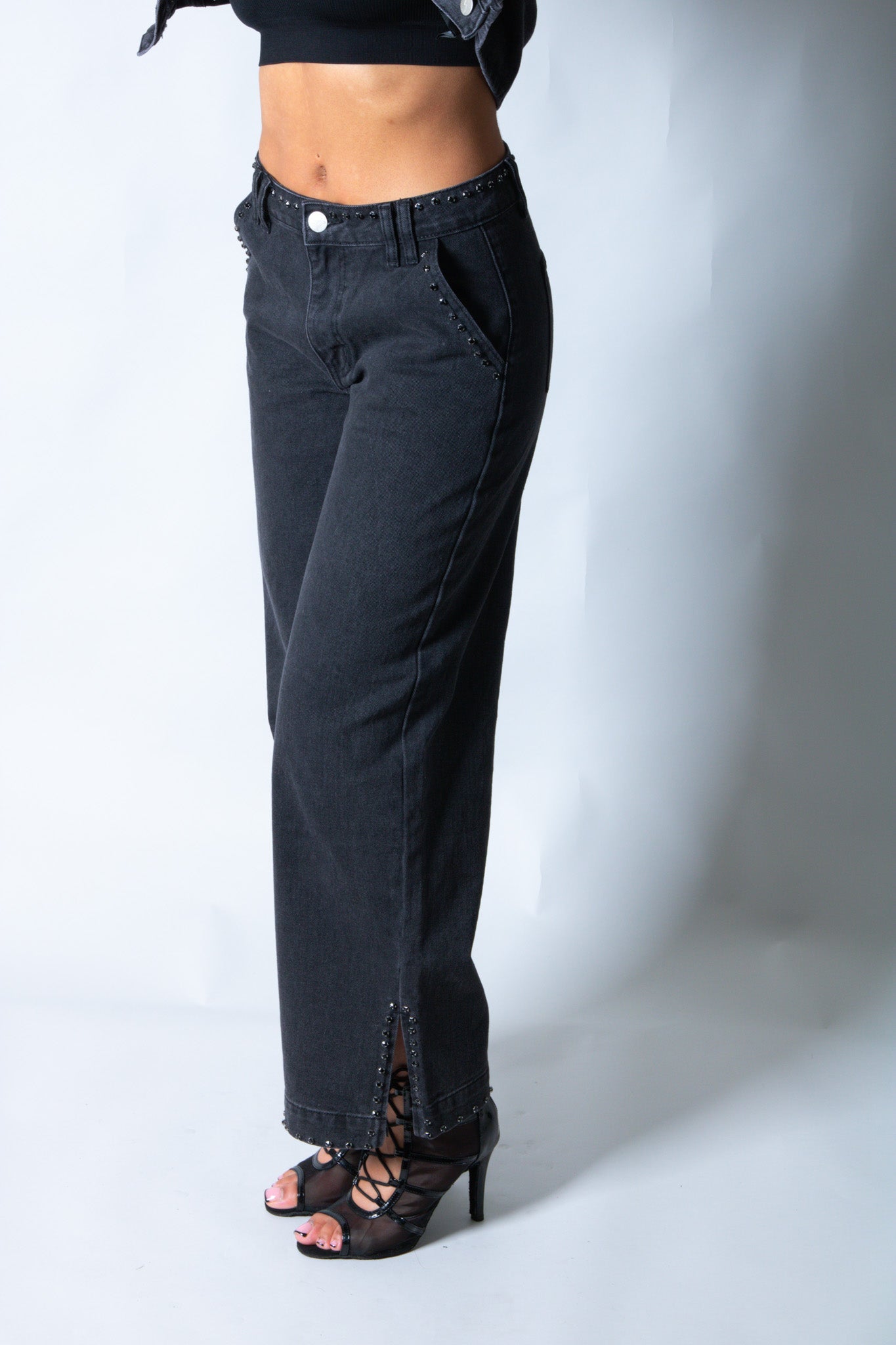 LNP mid rise straight jean with diamante seam detail in washed black - Liquor n Poker
