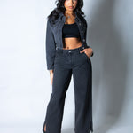 LNP mid rise straight jean with diamante seam detail in washed black - Liquor n Poker
