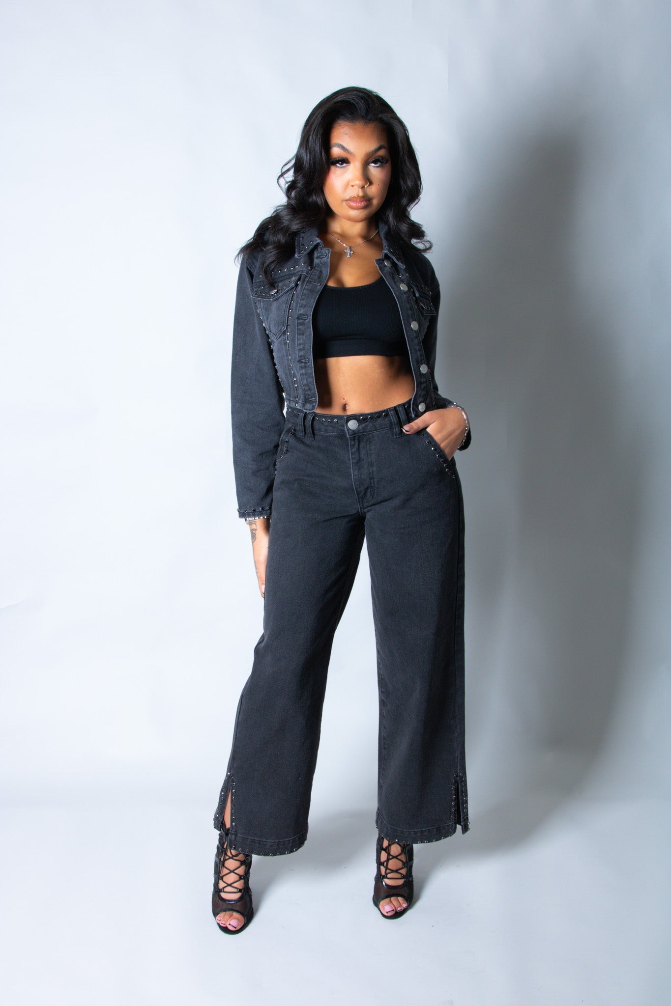 LNP mid rise straight jean with diamante seam detail in washed black - Liquor n Poker