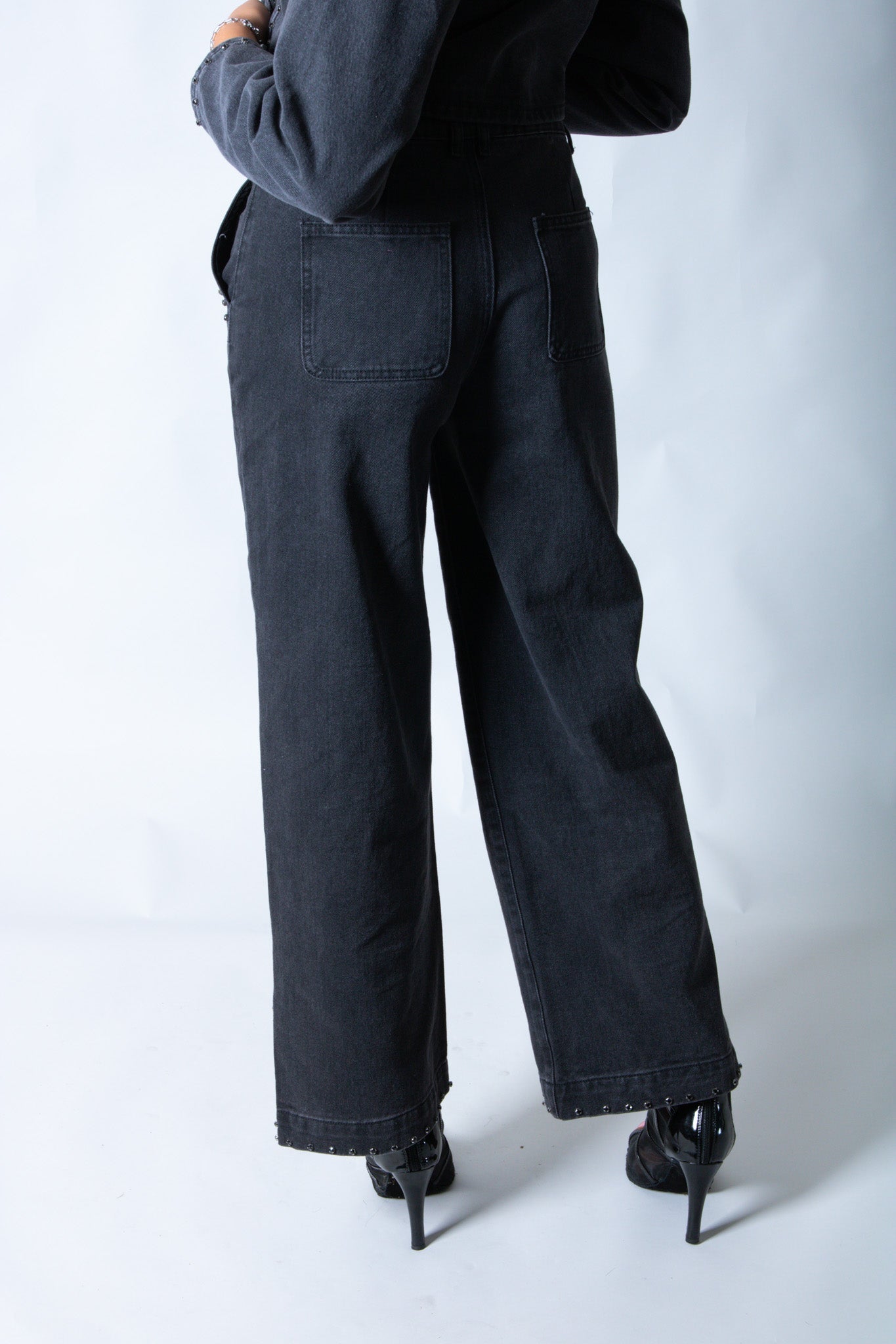 LNP mid rise straight jean with diamante seam detail in washed black - Liquor n Poker