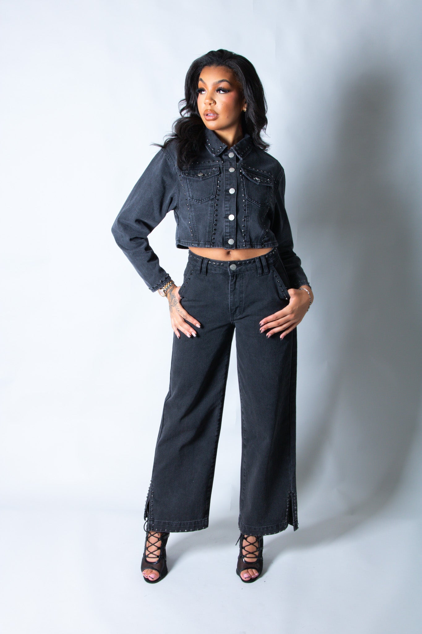 LNP mid rise straight jean with diamante seam detail in washed black - Liquor n Poker