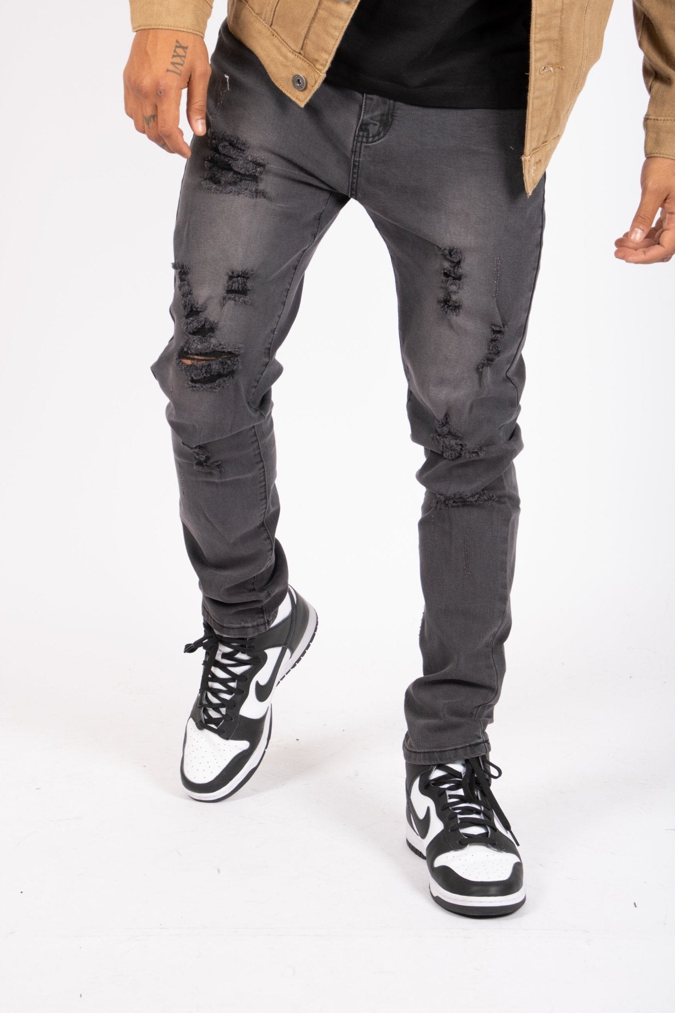 Logan Washed Charcoal Skinny Fit Jeans With Rips - Liquor n Poker