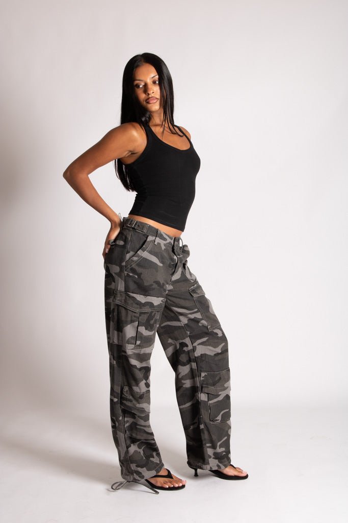 Low Rise Baggy Camo Cargos in Black/Grey Tonal - Liquor n Poker