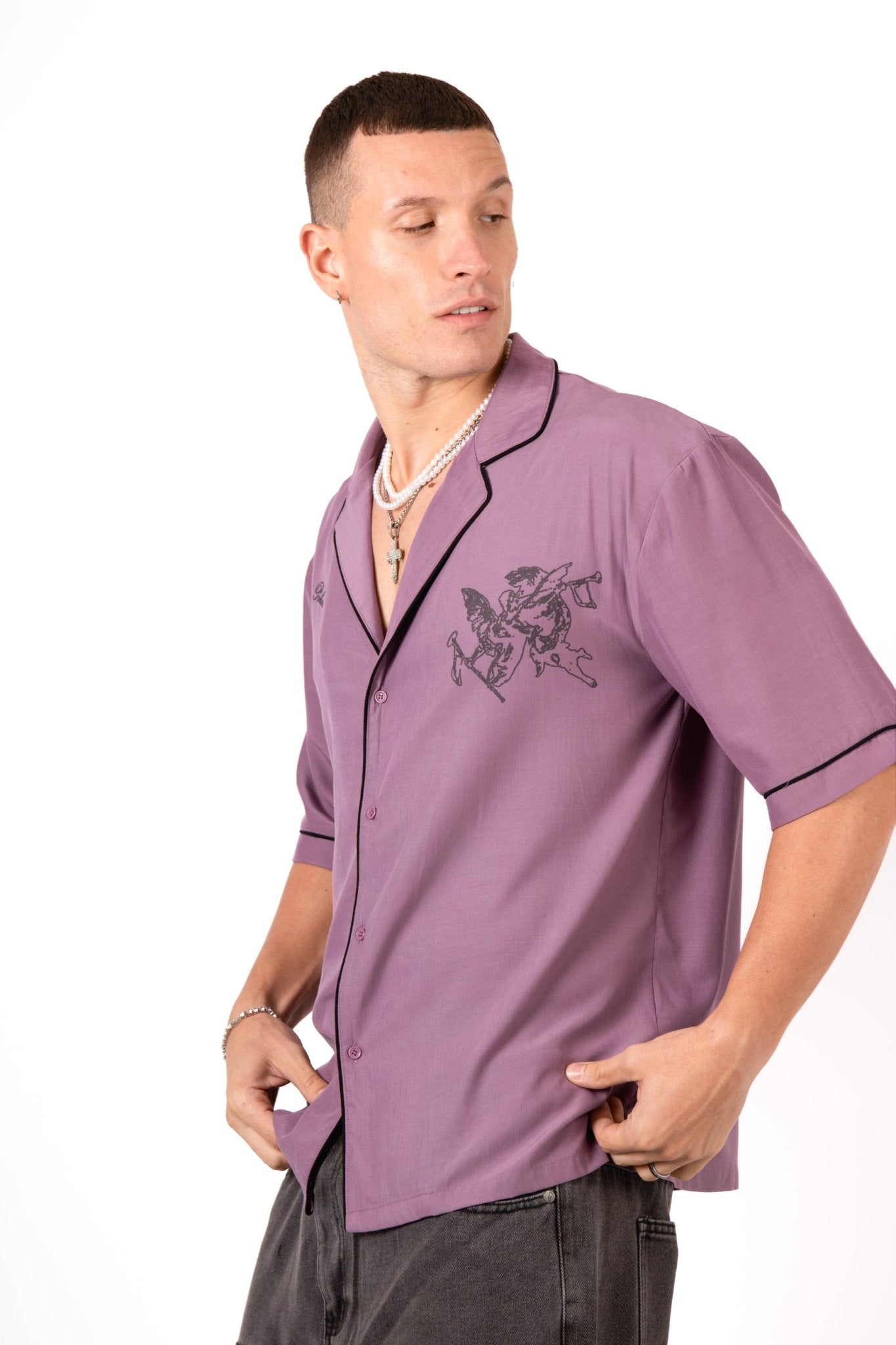 Mauve Motif Back Printed Bowling Shirt - Liquor n Poker