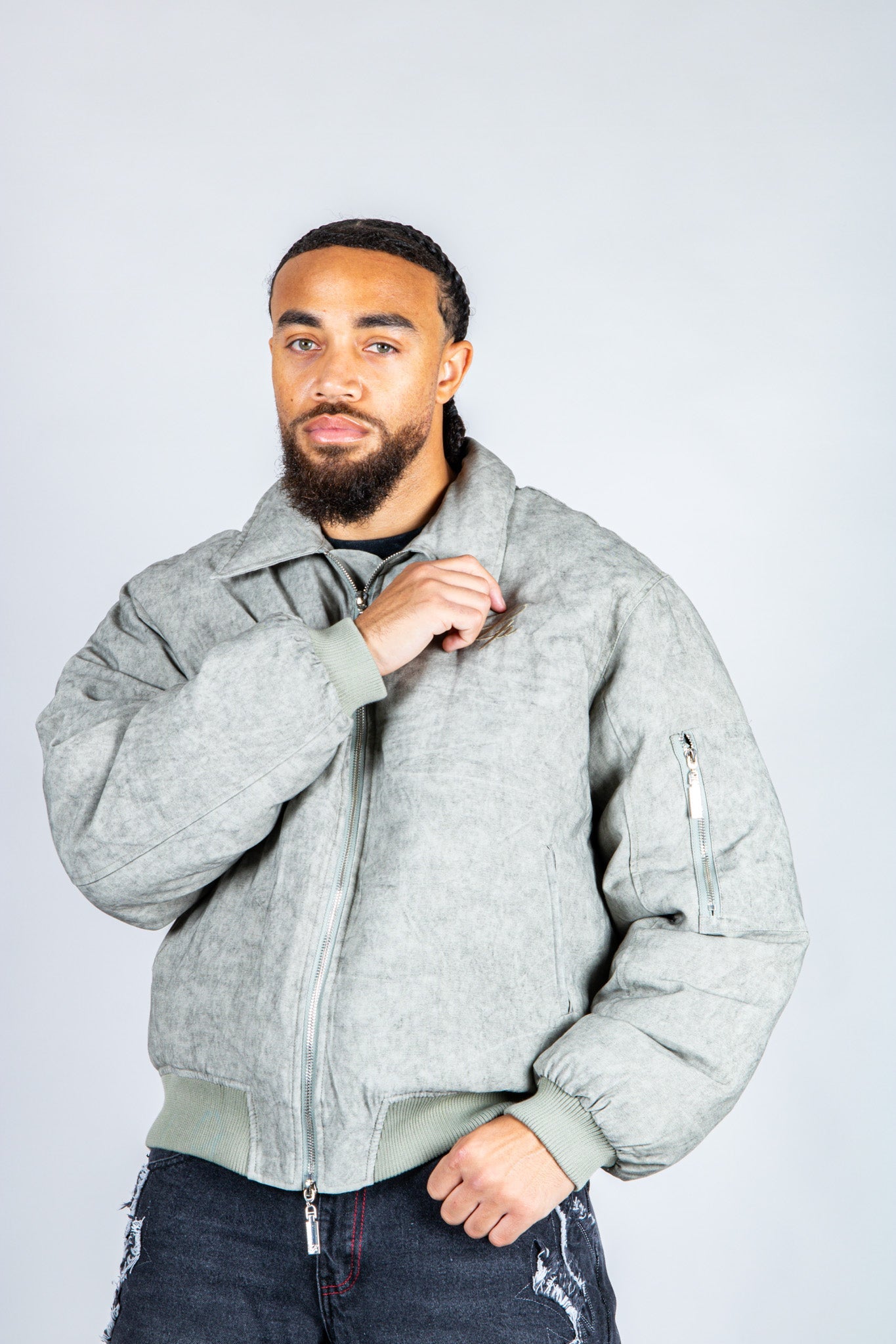 Maverick Oversized Nylon Bomber Jacket in Acid Wash Grey - Liquor n Poker