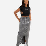 Maxi - Length Metallic Silver Split Skirt - Liquor n Poker
