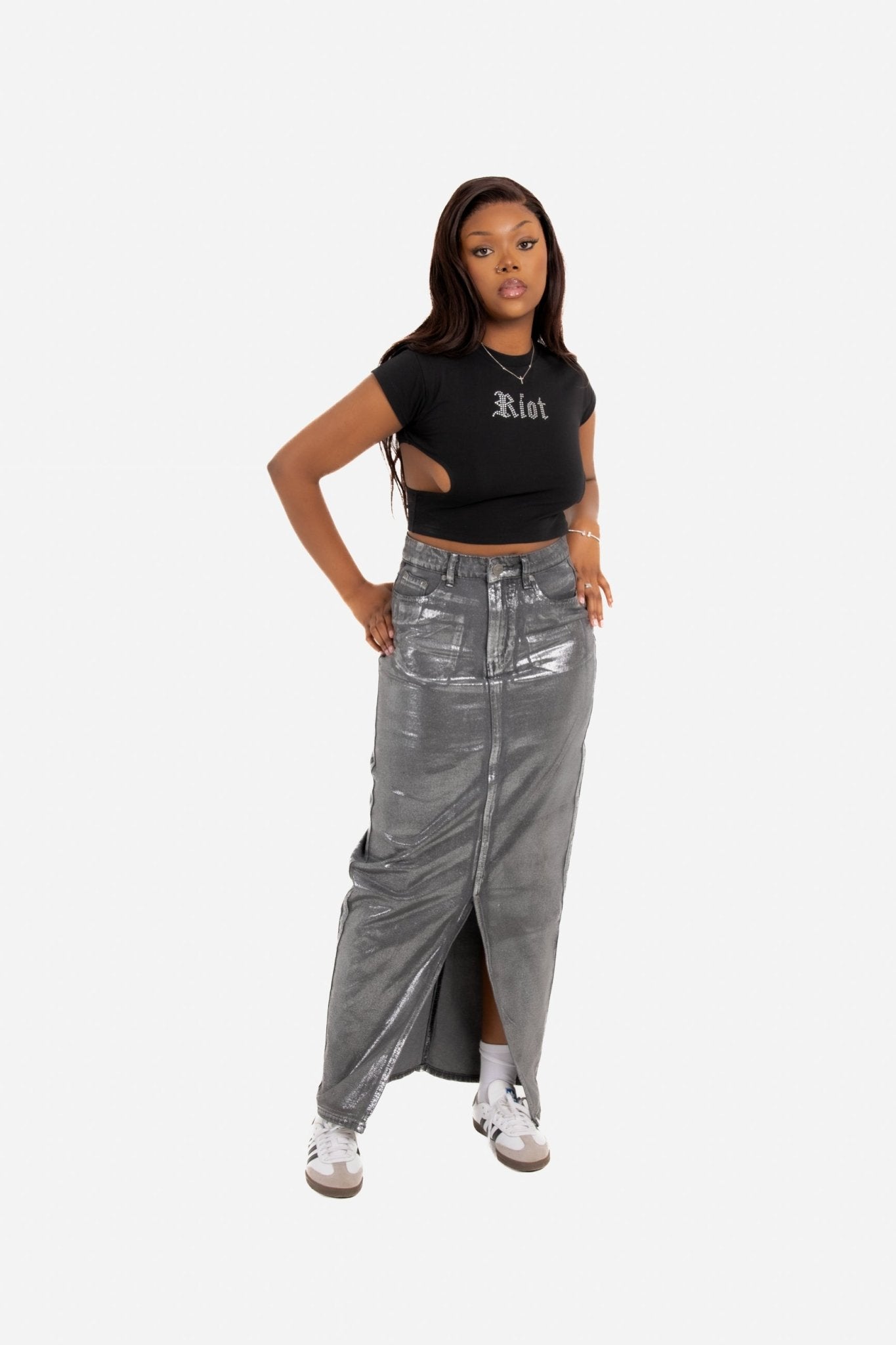 Maxi - Length Metallic Silver Split Skirt - Liquor n Poker