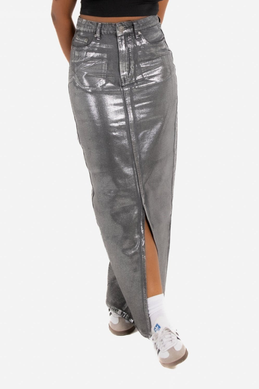 Maxi - Length Metallic Silver Split Skirt - Liquor n Poker