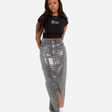 Maxi - Length Metallic Silver Split Skirt - Liquor n Poker