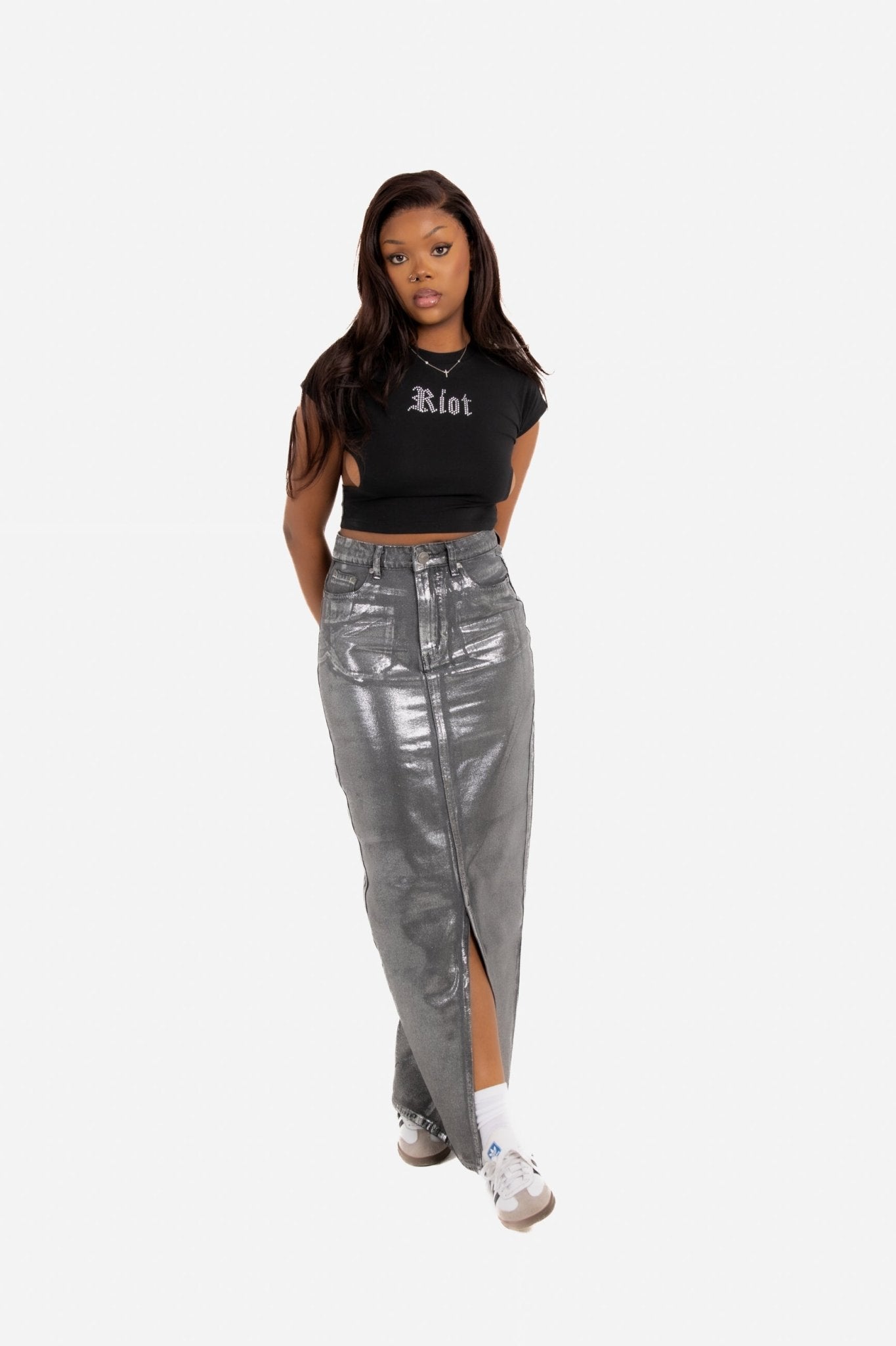 Maxi - Length Metallic Silver Split Skirt - Liquor n Poker