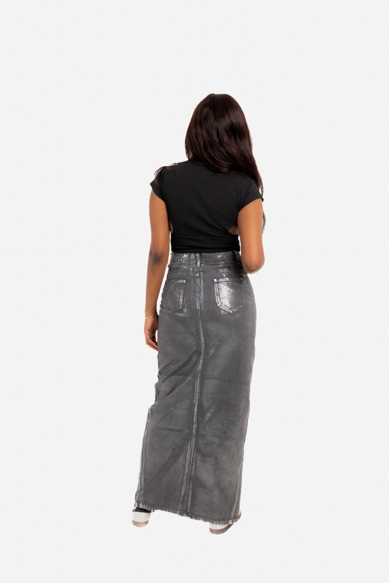 Maxi - Length Metallic Silver Split Skirt - Liquor n Poker