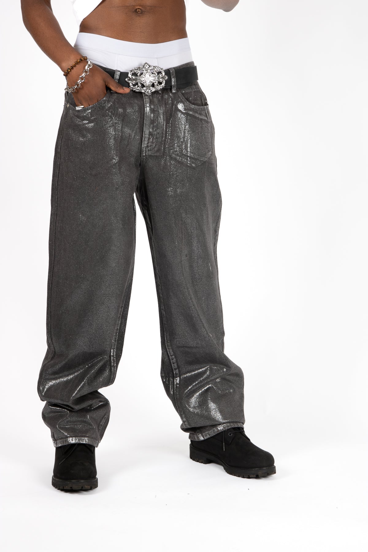 Metallic Coated Baggy Jeans - Liquor n Poker