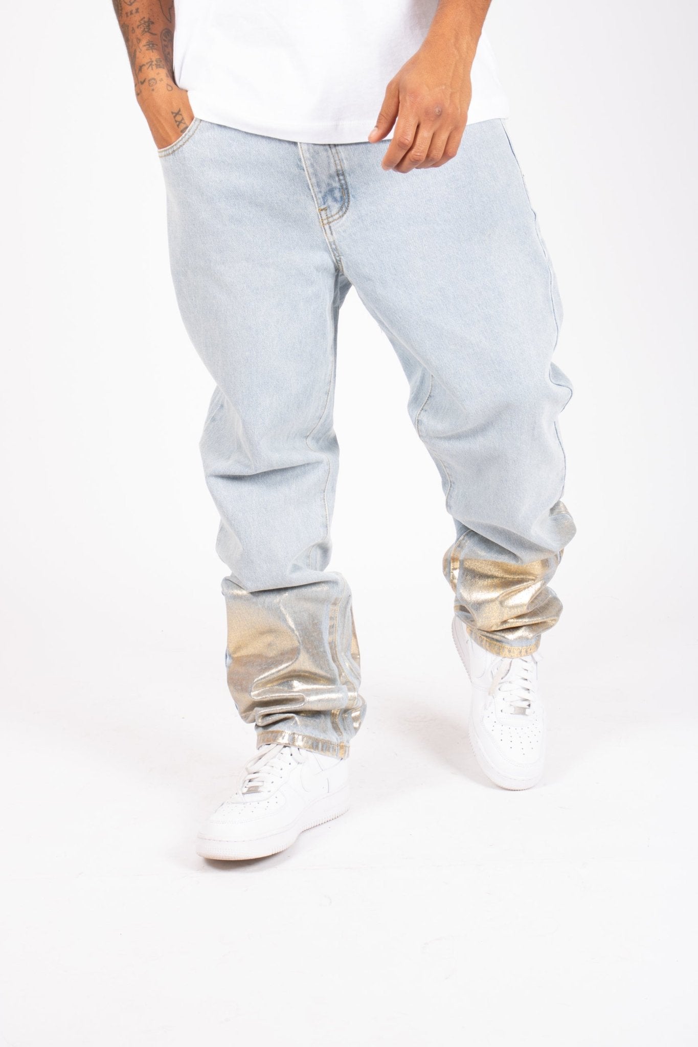 Metallic Faded Stonewash Straight Leg Jeans - Liquor n Poker