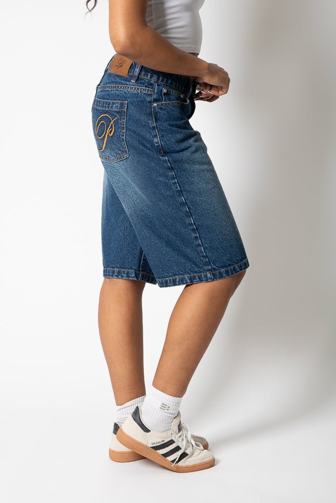 Mid Indigo Wash Denim Jorts With Back Pocket Embroidery - Liquor n Poker