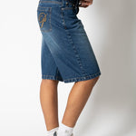 Mid Indigo Wash Denim Jorts With Back Pocket Embroidery - Liquor n Poker