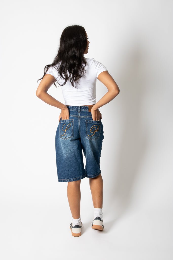 Mid Indigo Wash Denim Jorts With Back Pocket Embroidery - Liquor n Poker